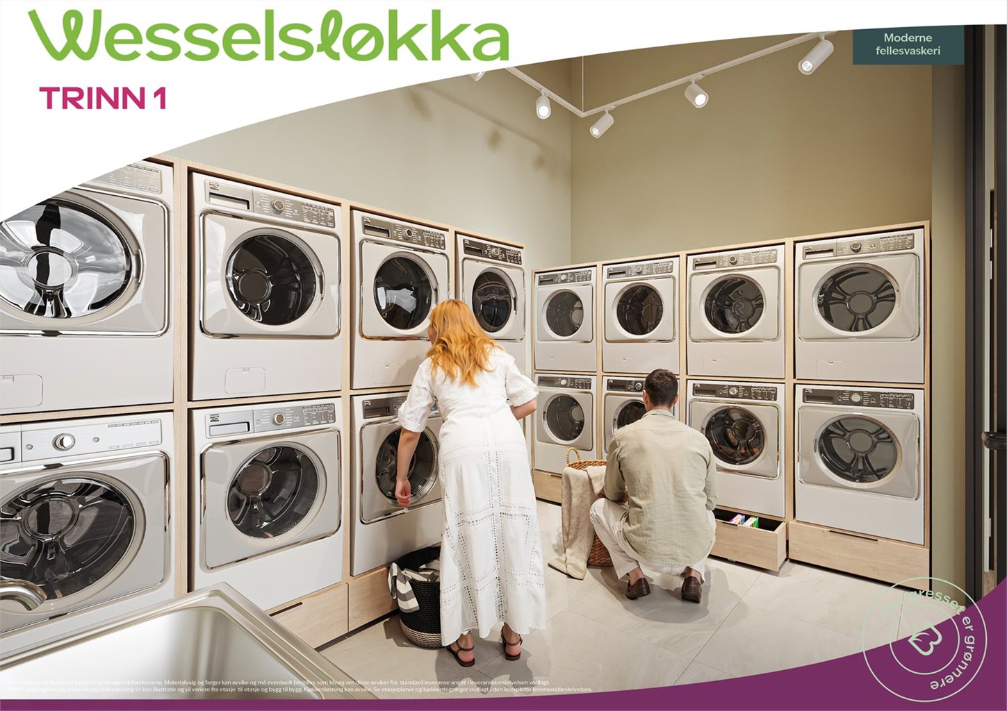 På Wesselsløkka revitaliserer vi også fellesvaskeriet. Et flott rom i første etasje med store glassflater gjør klesvasken til en fryd. Da kan du selv velge om du ønsker å ha vaskemaskin på ditt eget bad, eller frigi plassen