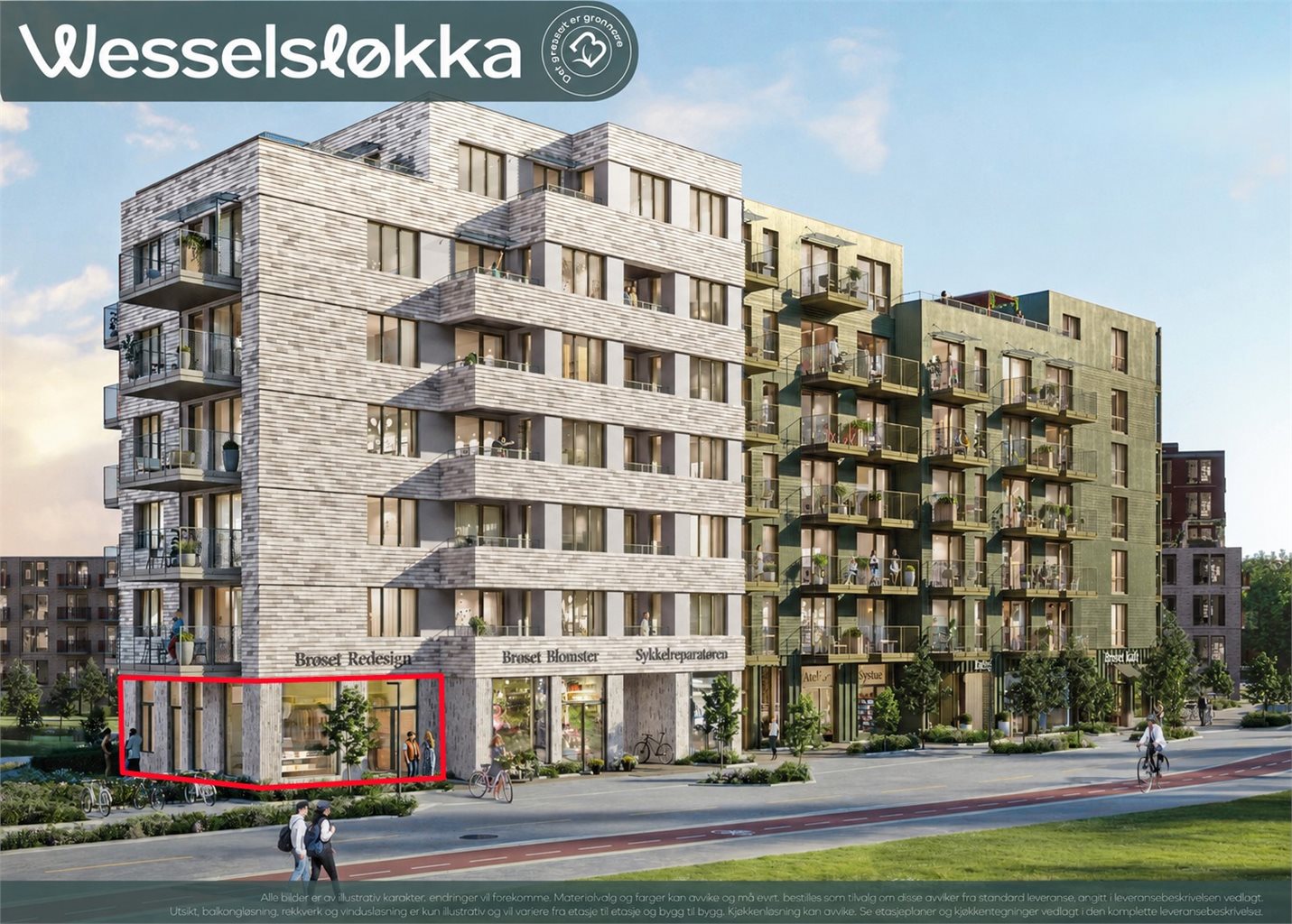 Her får du næringdelen strategisk plassert mot gaten, mens boligdelen mer tilbaketrukket. Terrasseplatting mot vest som gir fine solforhold