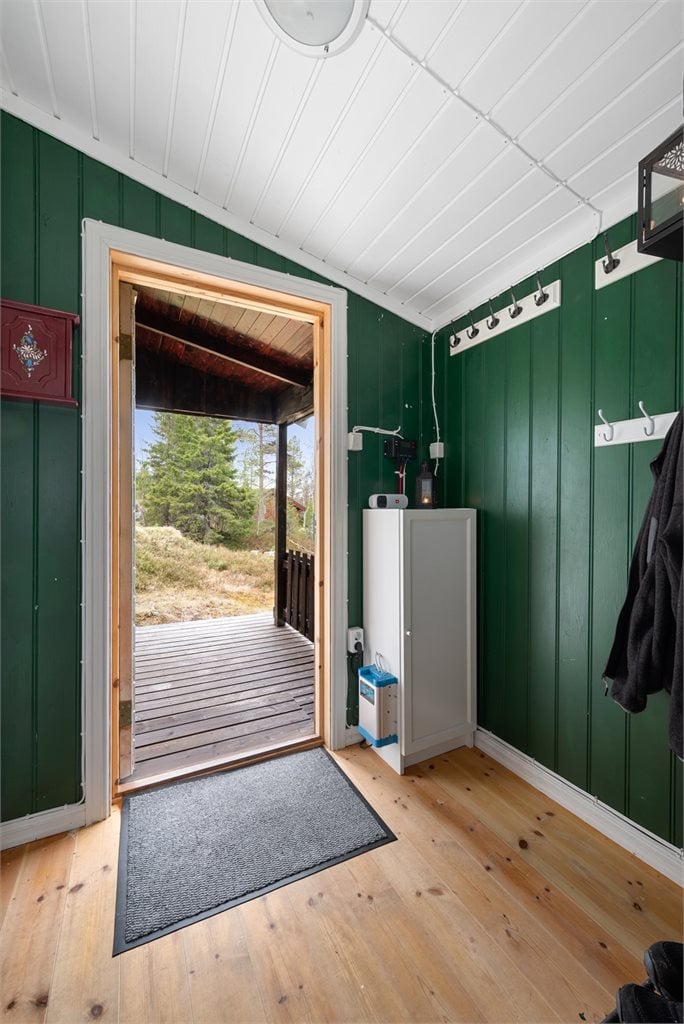 Entreen har originalt heltregulv og grønnmalt panel på veggene.