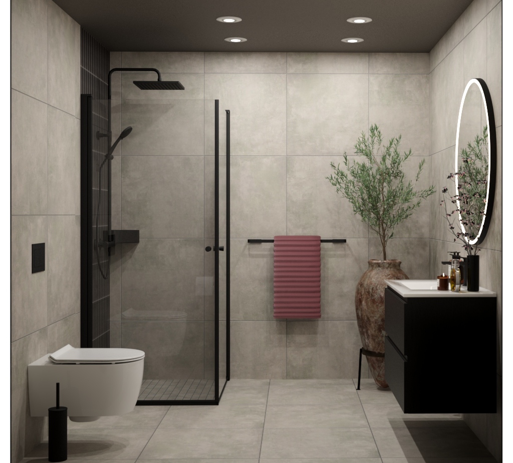 Stilrent flislagt baderom på 5m². Her vil du også få eget vaskerom i tilknytning til badet. Illustrasjon av prosjektet, avvik kan forekomme.