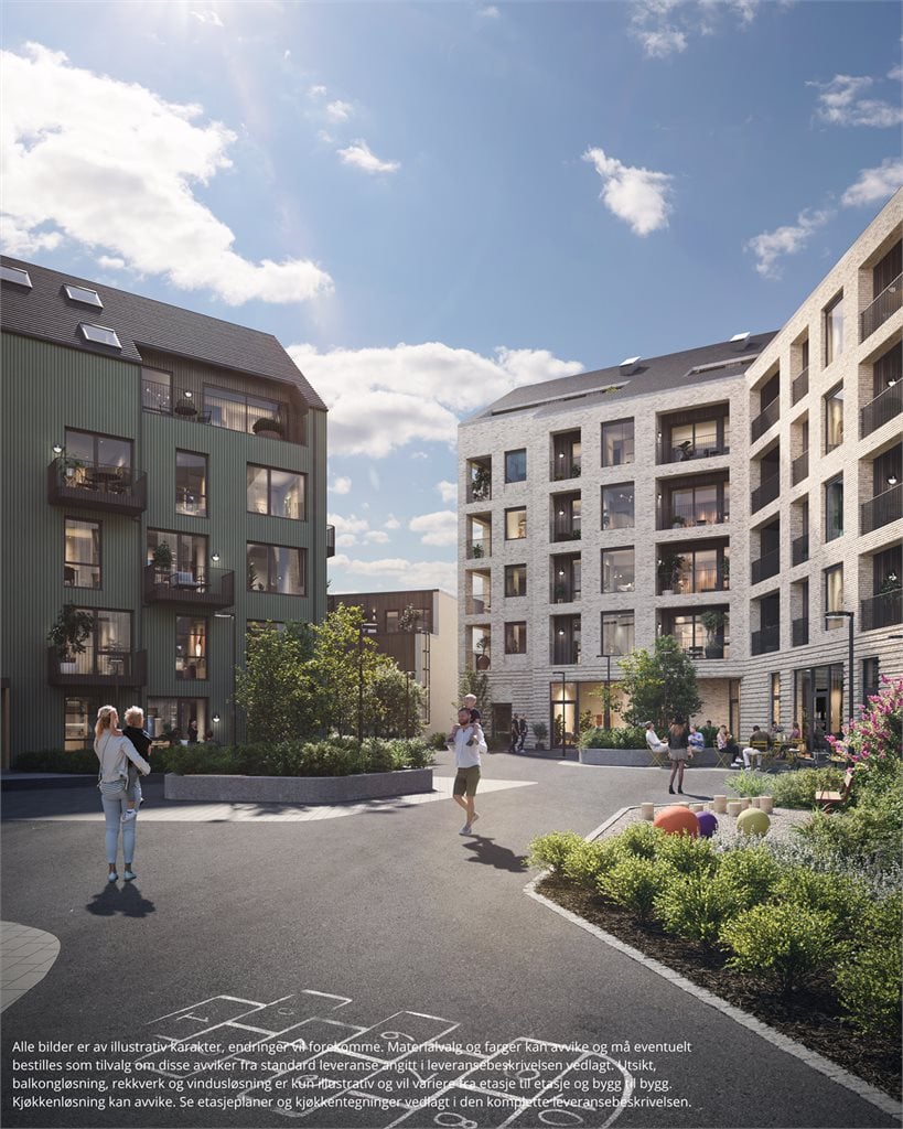 Boligprosjektet vektlegger store vindusflater, gjennomlys, planløsning og fasadematerialer som krever lite vedlikehold. Bruk av tegl og tre i kombinasjon er en rød trå gjennom prosjektet, noe som gir et bestandig uttrykk. (illustrasjonsbilde)